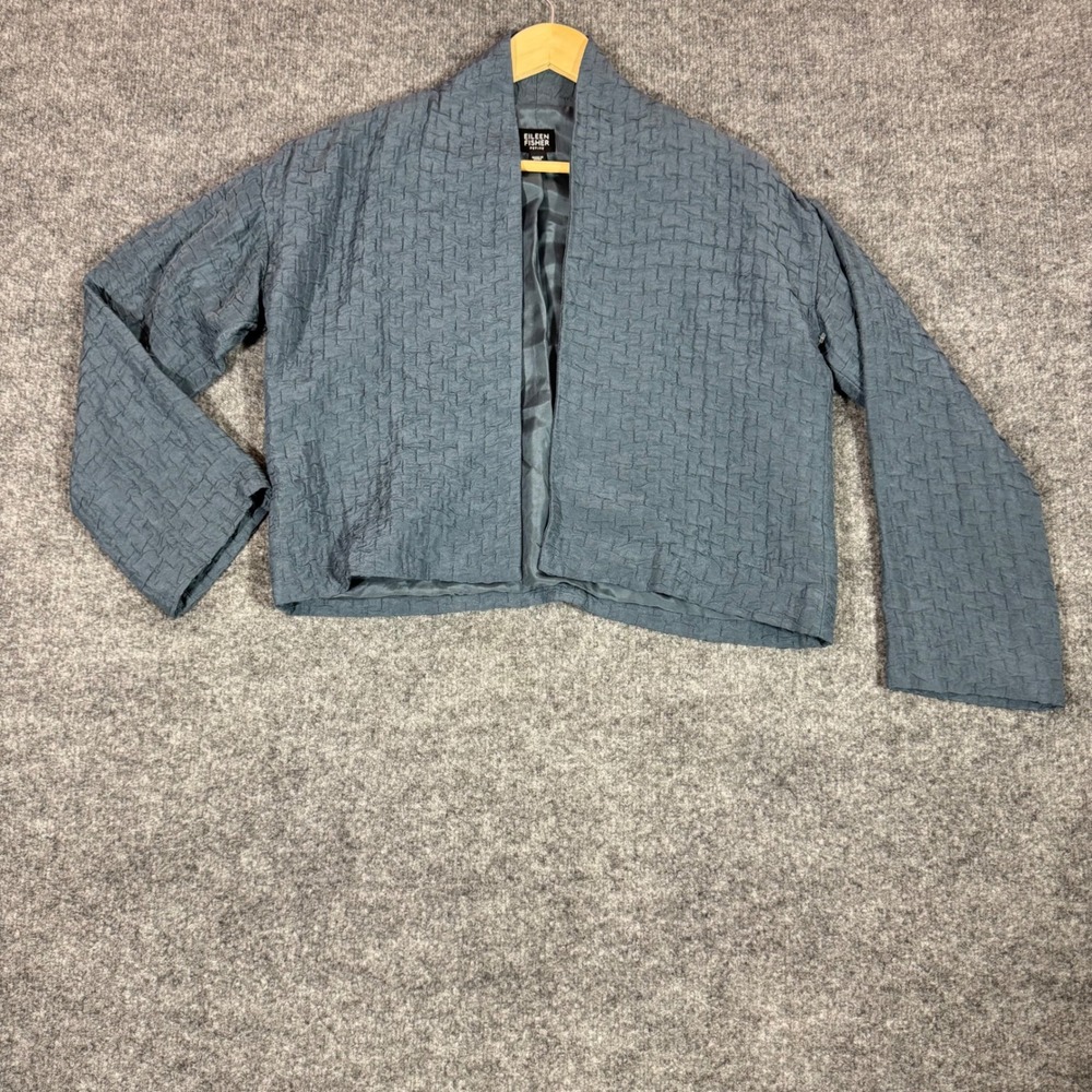 Eileen Fisher Open Front Textured Jacket Women PS Blue Silk Linen Minimalist EUC
